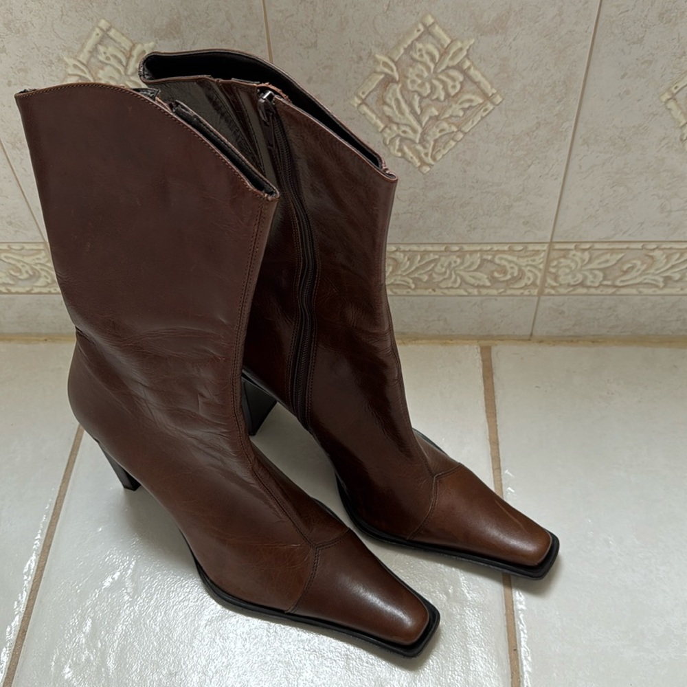Brown square toe mid-calf leather boots